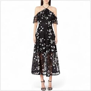 Monique Lhuillier Black Lace Embroidered Mesh Cold Shoulder Midi Dress Sz 14